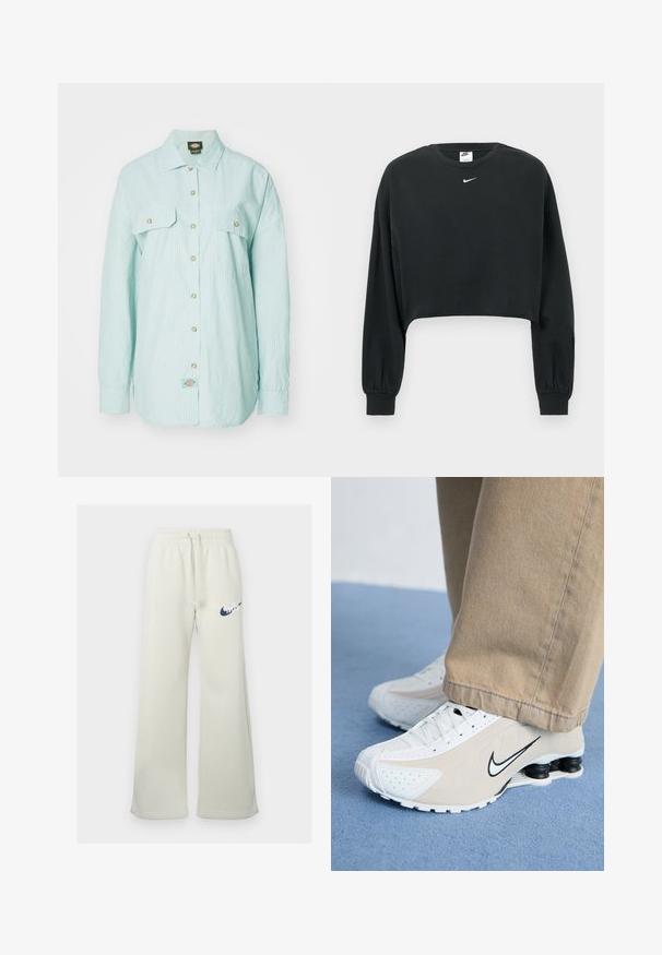 Black cropped sweatshirt made of cotton blend, featuring long sleeves, ribbed cuffs, and a small white Nike logo on the chest.; Dickies SEASONAL - Button-down blouse - blue surf; Cream-colored sweatpants made of cotton blend, featuring a relaxed fit, elastic waistband with drawstring, and a navy Nike logo on the front.; White and beige Nike sneakers with perforated design, black swoosh logo, textured upper, and distinctive springy black heel.