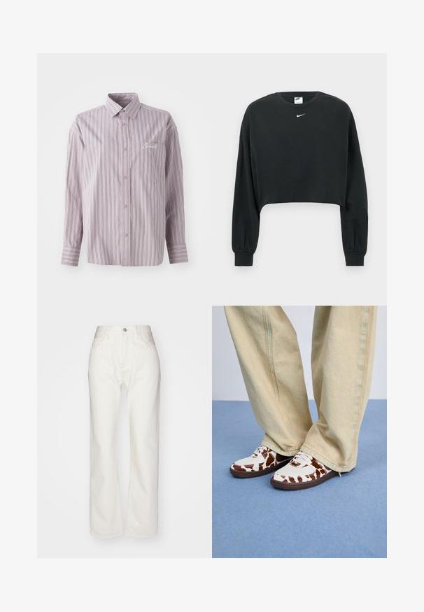 Zwart cropped sweatshirt van een katoenmengsel, met lange mouwen, geribbelde manchetten en een klein wit Nike-logo op de borst.; Lichtpaarse overhemden met verticale strepen in donkergrijs. Bevat een klein borstzakje en een geborduurd logo aan de linkerkant.; Witte denim broek met een hoge taille en wijde pijpen. Voorzien van een knoop- en ritsluiting, ceintuurlussen en subtiele stikseldetails.; Witte en bruine sneakers met een patroon, gemaakt van mesh en leer, met bruine rubberen zolen. Gecombineerd met lichtbeige wijde broekspijpen.
