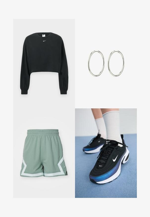 Čierna krátka mikina z bavlnenej zmesi, s dlhými rukávmi, rebrovanými manžetami a malým bielym logom Nike na hrudníku.; Jordan SHORT - Športové šortky - jade smoke/barely green; Čierne tenisky Nike s hladkým textilným vrchom, ktoré majú gradientný dizajn prechádzajúci z modrej do čiernej, bielu podrážku a výrazné logo.; Strieborné kruhové náušnice s hladkým a lešteným povrchom. Okrúhly tvar, ľahký dizajn, s bezpečným zapínacím mechanizmom.