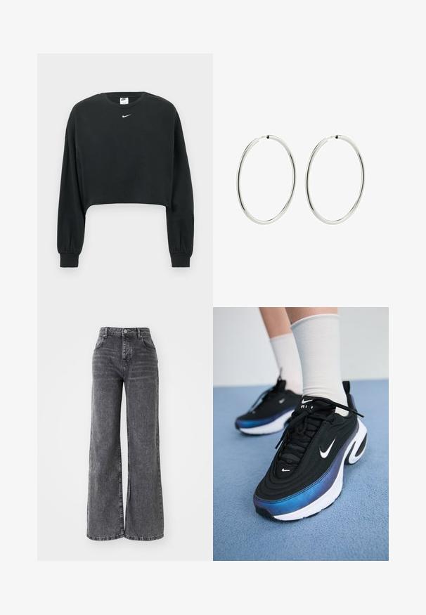 Melns īss džemperis no kokvilnas maisījuma, ar garām piedurknēm, ribveida aprocēm un mazu baltu Nike logo uz krūtīm.; Plati kāju pelēki denima bikses ar augstu jostasvietu, kurām ir tradicionāla piecu kabatu stils un smalka izgaismošana.; Melnie Nike sporta apavi ar gludu auduma virsmu, argradienta zilu uz melnu dizainu, balta zole un izteiksmīgi logotipa akcenti.; Sudraba riņķa auskari ar gludu, pulētu apdari. Apaļa forma, vienāda platuma, izstrādāti vieglai aizdarei. Vienkārši un eleganti.