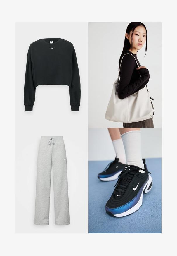 Melns īss džemperis no kokvilnas maisījuma, ar garām piedurknēm, ribveida aprocēm un mazu baltu Nike logo uz krūtīm.; Pelēkas sporta bikses ar elastīgu jostasvietu, aukliņu detalizācijām un mazu baltu Nike logotipu kreisajā augšstilbā. Mīksta auduma, brīvi pieguļošas.; Melnie Nike sporta apavi ar gludu auduma virsmu, argradienta zilu uz melnu dizainu, balta zole un izteiksmīgi logotipa akcenti.; Bežs rokassoma, izgatavota no mīksta materiāla, ar brīvu dizainu, izšūtu apdari un divām plecu siksnām. Piemērota ikdienas lietošanai.