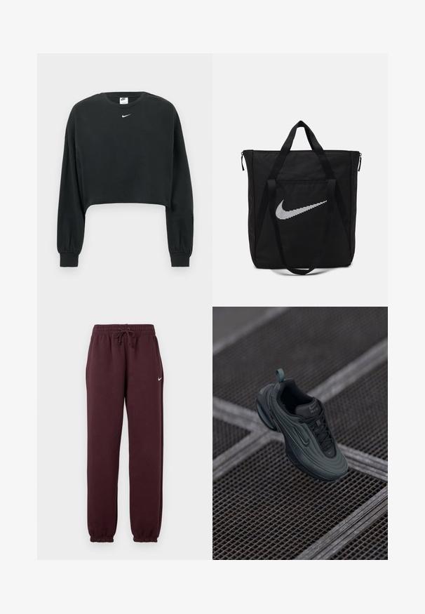 Melns īss džemperis no kokvilnas maisījuma, ar garām piedurknēm, ribveida aprocēm un mazu baltu Nike logo uz krūtīm.; Burgundijas krāsas sporta bikses ar elastīgu jostu un regulējamu auklu. Biksēm ir ribotas piedurknes un neliels balts logo kreisajā pusē.; Tumši zaļš un melns Nike Air sneakers, kas peld virs metāla grīdas režģa, izceļot tā sānu un augšējo dizaina detaļu.; Melna neilona koferis ar divām izturīgām rokturiem un ar rāvējslēdzēju. Tam ir izteikts balts Nike swoosh logotips horizontāli svītrainā dizainā.