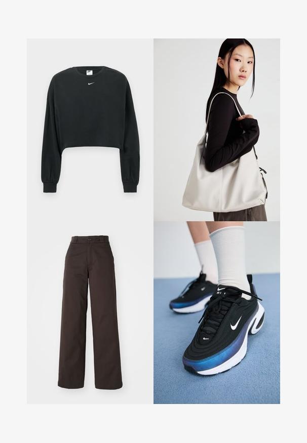 Mustast puuvillasegust valmistatud lühendatud pusa, millel on pikad varrukad, soonilised varrukaotsad ja väike valge Nike logo rinnal.; Pruunid laiad püksid nupuga kinnitamisel ja vööde jaoks silmadega, valmistatud vastupidavast kangast, millel on sile tekstuur ja selged jooned.; Mustad mustad Nike tossud, millel on sujuv kangaste ülemine osa ja gradientne sinine-must disain, valge tallaga ja silmatorkavate logode aktsentidega.; Bež käekott pehme materjali, millel on lõtv disain, õmblustega detailid ja kaks õlarihma. Sobib igapäevaseks kasutamiseks.