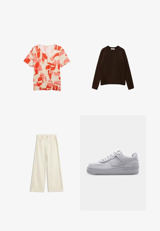 Bruine gebreide trui met een ronde halslijn en lange mouwen. Zachte textuur, licht oversized pasvorm en ribgebreide manchetten en zoom. Minimalistisch ontwerp.; Korte mouwen, beige blouse met abstracte rode en roze vormen en drie kleine knopen bij de ronde hals.; Lichtcrème wijdvallende jeans met metalen studs langs de buitennaad, vijf zakken en een standaard knoopsluiting.; Grijze Nike Air Force 1 sneaker met geperforeerde neus, glad leren bovenwerk, dikke zool en verhoogde 'AIR' details op de hiel.