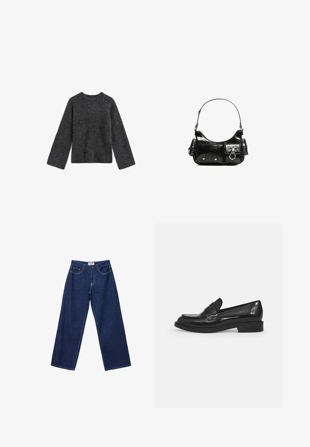 Ciemnoszary, puszysty sweter z okrągłym dekoltem i długimi rękawami. Ma luźny krój i teksturowaną powierzchnię. Bez widocznych wzorów ani akcentów.; Szerokie, ciemnoniebieskie dżinsy z guzikowym zapięciem, pięcioma kieszeniami i kontrastującym białym przeszyciem. Materiał ma gładkie, lekko chropowate wykończenie.; Czarne lakierowane loafersy z zaokrąglonym noskiem, dekoracyjnym paskiem na górze oraz niskim blokowym obcasem. Gładka, błyszcząca tekstura.; Czarna torebka z lakierowanej skóry o zaokrąglonym kształcie, z jednym paskiem na ramię, przednimi kieszeniami i akcentami w kolorze srebrnym.