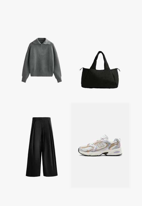Gray knitted sweater with a high collar, quarter-zip front, and textured wave pattern. Features dropped shoulders and ribbed cuffs.; Black wide-leg pants made of smooth fabric, featuring a drawstring waistband and pleated front detail for added texture and volume.; Silver and beige athletic shoes with mesh and synthetic upper, lace closure, and a black rubber sole; features 'N' logo and ABZORB accent.; Black tote bag with a puffy texture, featuring two short handles and a side pocket secured with a drawstring. Simple, angular design.