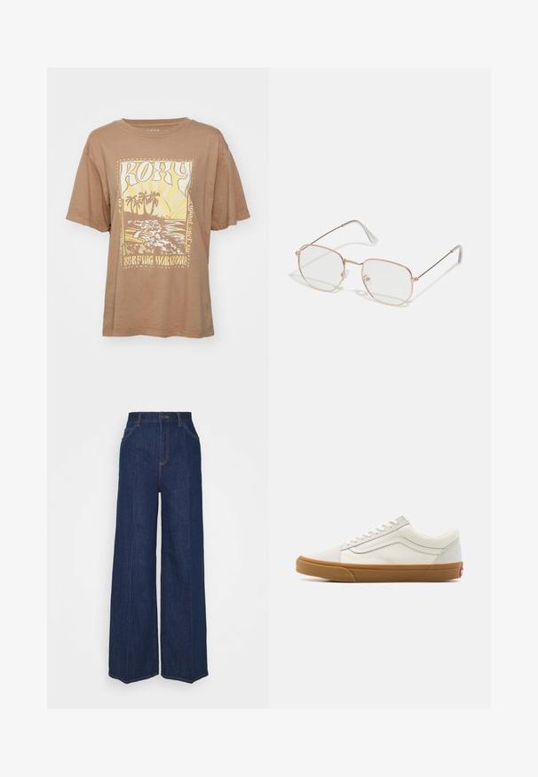 Pulôver cropped azul-marinho com decote em V, apresentando um padrão de malha texturizada em cabos e punhos e barra canelados. Feito de tecido tricotado.; T-shirt de algodão castanho com mangas curtas, apresentando uma estampagem gráfica de palmeiras e ondas em amarelo e branco. O texto diz "Roxy Surfing Horizons."; Jeans de perna larga azul escuro com uma cintura alta, apresentando passadores de cinto, um fecho de zip na frente e detalhes de costura discretos. Feitos de tecido de denim.; Sapatilhas brancas de cano baixo em lona com sola de borracha tipo gum, bico redondo, fecho de atacadores e detalhe de faixa de couro na lateral.; Óculos retangulares com uma armação em metal fino na cor rosa dourado. Lentes transparentes, pontas das hastes transparentes e detalhes delicados em torno das lentes.
