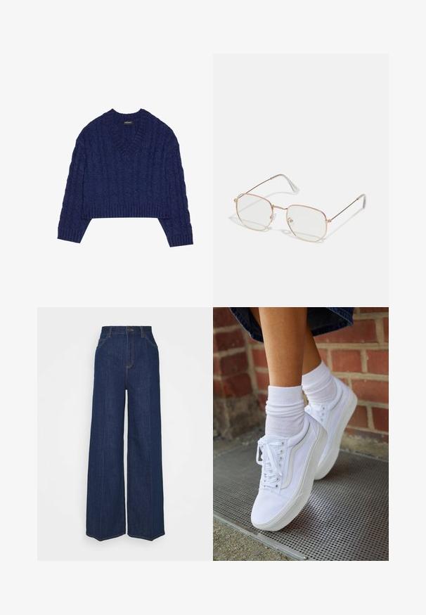Navy blue cropped sweater with a V-neck, featuring a textured cable knit pattern and ribbed cuffs and hem. Made from knitted fabric.; Dark blue wide-leg jeans with a high waist, featuring belt loops, a front zipper, and subtle stitching details. Made of denim fabric.; White canvas sneakers with rubber soles, featuring six eyelets, round toe, and light stitching details, paired with white ankle socks.; Rectangular eyeglasses with a thin, rose gold metal frame. Clear lenses, transparent temple tips, and delicate detailing around the lenses.