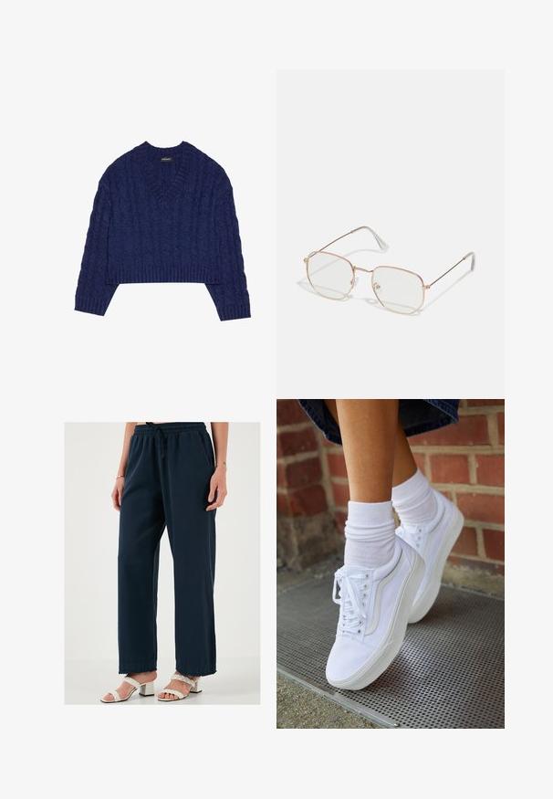 Marineblauwe cropped sweater met een V-hals, voorzien van een textuur van kabelbreiwerk en ribgebreide manchetten en zoom. Gemaakt van gebreide stof.; Donkerblauwe wijduitlopende broek met een elastische tailleband en koord. Zachte stof met een ontspannen pasvorm en rafelige zoom. Gepaard met witte haksandalen.; Witte canvas sneakers met rubberen zolen, voorzien van zes vetertjes, een ronde neus en lichte stikdetails, gecombineerd met witte enkelsokken.; Rechthoekige bril met een dunne roségouden metalen montuur. Duidelijke glazen, transparante oortips en subtiele details rondom de glazen.
