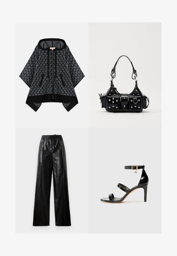 Black hooded poncho with a textured gray pattern featuring a repeating logo. Two zippered pockets and a front zipper closure. Soft fabric.; Black cropped tank top featuring a repeated white MK logo pattern, round neckline, and wide shoulder straps. Smooth texture.; Black leather wide-leg pants with an elastic waistband, drawstring, and gold hardware accents. Smooth texture and loose fit.; Black patent leather sandal with three straps, ankle buckle, and 4-inch stiletto heel. Features gold hardware detail and logo charm.; Black leather handbag with a curved design, featuring silver studs, a buckle, and two side pockets. Adjustable strap for carrying options.