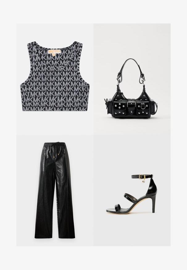Black hooded poncho with a textured gray pattern featuring a repeating logo. Two zippered pockets and a front zipper closure. Soft fabric.; Black cropped tank top featuring a repeated white MK logo pattern, round neckline, and wide shoulder straps. Smooth texture.; Black leather wide-leg pants with an elastic waistband, drawstring, and gold hardware accents. Smooth texture and loose fit.; Black patent leather sandal with three straps, ankle buckle, and 4-inch stiletto heel. Features gold hardware detail and logo charm.; Black leather handbag with a curved design, featuring silver studs, a buckle, and two side pockets. Adjustable strap for carrying options.