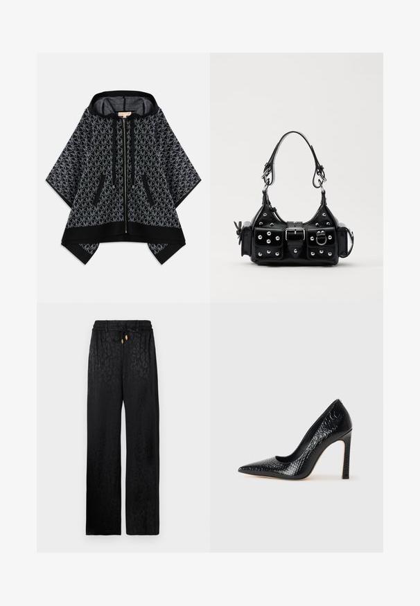 Fekete kapucnis poncsó texturált szürke mintával, ismétlődő logóval. Két cipzáras zseb és elülső cipzáras zárás. Puha anyag.; Fekete, bő szárú nadrág sima anyagból, finom leopárdmintával, rugalmas derékpánttal és állítható zsinóros záródással.; Fekete hegyes orrú magassarkú cipő krokodilbőr textúrával, letisztult dizájnnal, magas tűsarkú és sima fekete belső résszel.; Fekete bőr kézitáska ívelt designnal, ezüst szegecsekkel, csattal és két oldalsó zsebbel. Állítható vállpánt a hordozási lehetőségekhez.