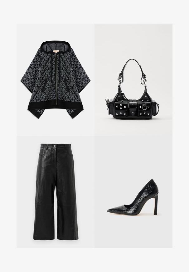 Poncho nero con cappuccio, caratterizzato da un motivo grigio testurizzato con logo ripetuto. Due tasche con zip e chiusura frontale con zip. Tessuto morbido.; Pantaloni larghi neri in pelle con una texture liscia, dotati di zip e tasche frontali. Design minimalista con lunghezza cropped.; Scarpa nera con punta a punta alta in pelle di coccodrillo, caratterizzata da un design elegante, alto tacco a spillo e interno nero liscio.; Borsa a mano in pelle nera con design curvo, caratterizzata da borchie argentate, una fibbia e due tasche laterali. Tracolla regolabile per diverse opzioni di trasporto.