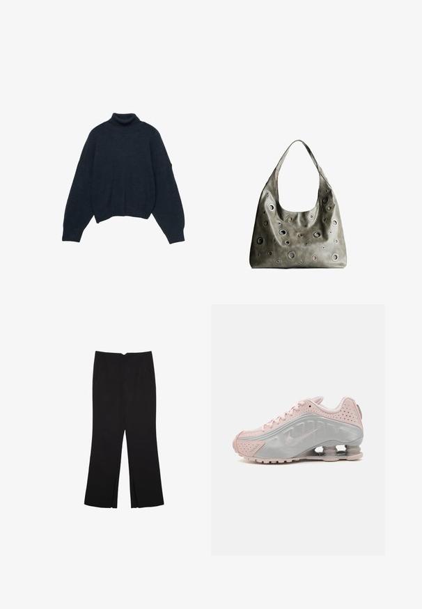 Mörk marinblå polotröja med lös passform. Gjord av mjukt stickat tyg, med sänkta axlar och kort fåll.; Svarta byxor med rak passform, utrustade med framfickor och sidoklyvningar vid fållen. Tillverkade av mjukt, slätt tyg. Lämpliga för olika tillfällen.; Nike sneakers med en silver- och rosa design; syntetiskt överdel, perforerad textur, synligt dämpningssystem och rund tåform.; Olivgrön läderhandväska med en avslappnad design, som har cirkulära utskärningar i olika storlekar och accenter i mörkare och ljusare nyanser.
