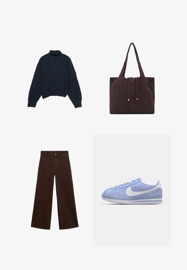 Tamnoplavi pulover s rolkom slobodnog kroja. Izrađen od mekane pletene tkanine, s spuštenim ramenima i skraćenim rubom.; Smeđe široke hlače od pamuka, s raspucanim rubom, prednjim kopčanjem na dugme i klasičnim dizajnom s pet džepova. Minimalističke i svestrane.; Svijetloplavi zamšasti tenisici s bijelim swooshom, okruglim vrhom i teksturiranom gornjom stranom. Potplat je bijel s cik-cak uzorkom za prianjanje.; Mango Velika torba - dark brown