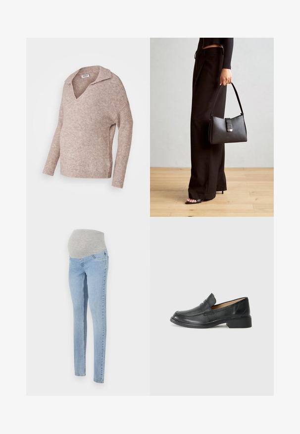 Svijetlosmeđi, pleteni pulover s V-izrezom i ovratnikom. Mekana tekstura, duge rukave, slobodan kroj i rebrasti rubovi.; Trudnički traperice u svijetloplavom denimu s mekanim sivo-strečnim pojasom. Imaju uski kroj i klasični dizajn s pet džepova.; Crni kožni mokasini s niskom petom, s izvezenim dizajnom i stilom na vezanje, postavljeni na jednostavnu bijelu podlogu.; Crna torba s oblikom koji sadrži strukturu, glađu teksturu i metalnu kopču. Uparena s širokim crnim hlačama i sandalama na otvorenom s drvenog poda.
