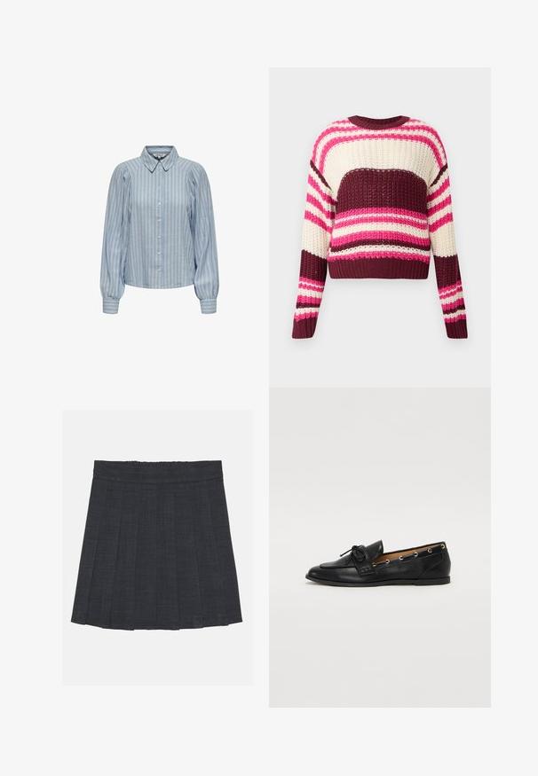 Kötött pulóver vízszintes csíkokkal, rózsaszín, bordó és tejszín színekben. Rövidített fazon kerek nyakkivágással és bordázott passzékkal. Texturált minta.; Világoskék, fehér függőleges csíkos ing, klasszikus gallérral és puffos, horgolt mandzsettájú hosszú ujjakkal.; Sötétszürke pliszírozott szoknya rugalmas derékkal, texturált anyagból, klasszikus A-vonalú sziluettel. Alkalmas mindennapi viseletre.; Fekete bőr lófarok cipők, megkötött masnival, arany szemcsés díszítéssel az oldalán és lapos gumitalppal. Simaság, klasszikus dizájn.