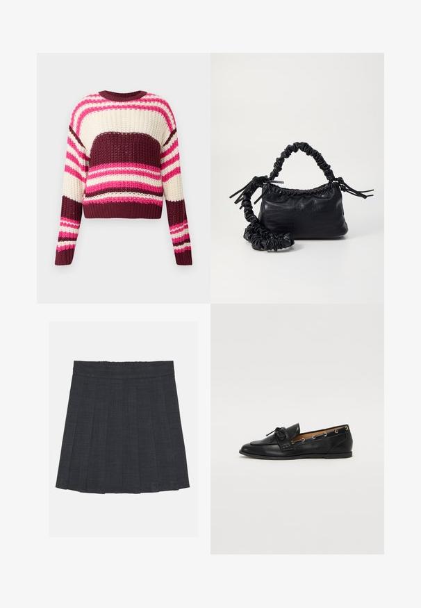 Megzta džemperis su horizontaliomis juostelėmis rožinės, vyno raudonos ir kremų spalvų. Trumpas kirpimas su apvaliu kaklu ir raunamais rankogaliais. Tekstūruotas raštas.; Tamsiai pilka klostuota sijonas su elastinga juosta, pasižymintis tekstūruotu audiniu ir klasikinė A formos siluetu. Tinka kasdieniam dėvėjimui.; Juodi odiniai loafai su surišta mazgeliu, su auksinėmis akytėmis šoninėse dalyse ir plokščiu guminiu padu. Lygus paviršius, klasikinis dizainas.; Juodas dirbtinės odos rankinė su krokodilo tekstūra, sušnibždinta viršuje ir susikraipytu dirželiu. Atrodo minkšta ir kompaktiška.