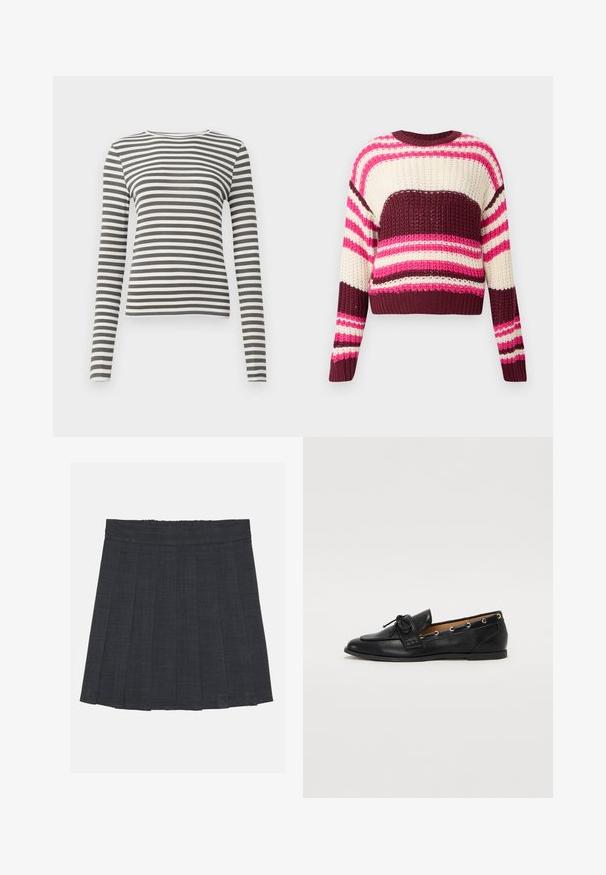 Kötött pulóver vízszintes csíkokkal, rózsaszín, bordó és tejszín színekben. Rövidített fazon kerek nyakkivágással és bordázott passzékkal. Texturált minta.; Olíva zöld és fehér csíkos, hosszú ujjú felső. Bordás textúra, kerek nyakú, és testhez simuló fazon. Nincs látható fémrész vagy díszítés.; Sötétszürke pliszírozott szoknya rugalmas derékkal, texturált anyagból, klasszikus A-vonalú sziluettel. Alkalmas mindennapi viseletre.; Fekete bőr lófarok cipők, megkötött masnival, arany szemcsés díszítéssel az oldalán és lapos gumitalppal. Simaság, klasszikus dizájn.