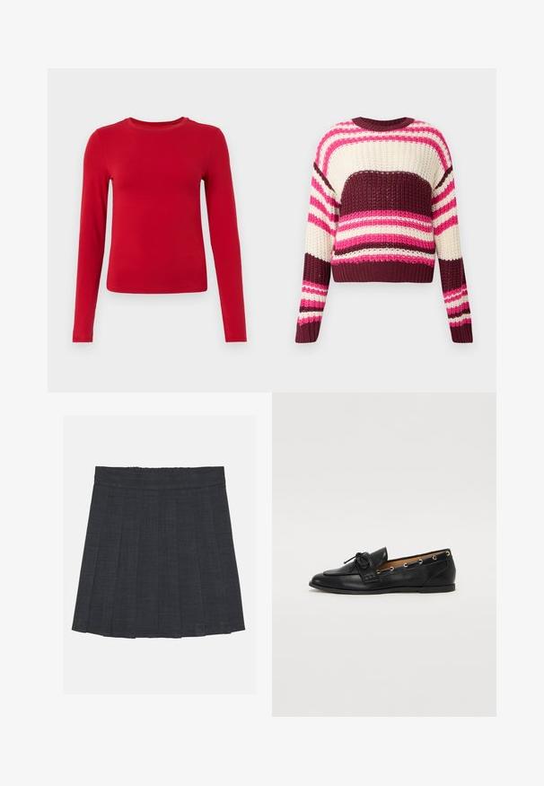 Megzta džemperis su horizontaliomis juostelėmis rožinės, vyno raudonos ir kremų spalvų. Trumpas kirpimas su apvaliu kaklu ir raunamais rankogaliais. Tekstūruotas raštas.; Raudonas ilgos rankovės marškinėlis, pagamintas iš tamprios medžiagos, su apvaliu kaklu ir prigludusia siluetu. Lygi tekstūra be matomų raštų.; Tamsiai pilka klostuota sijonas su elastinga juosta, pasižymintis tekstūruotu audiniu ir klasikinė A formos siluetu. Tinka kasdieniam dėvėjimui.; Juodi odiniai loafai su surišta mazgeliu, su auksinėmis akytėmis šoninėse dalyse ir plokščiu guminiu padu. Lygus paviršius, klasikinis dizainas.