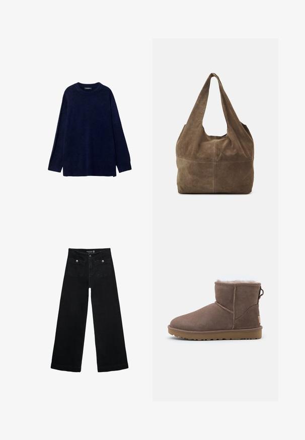 Mørkeblå striktrøje med rund halsudskæring og lange ærmer. Har en løs pasform og ribbet kant. Blød tekstur med minimal detaljering.; Sorte vidde jeans med høj talje, der har to forlommer og metalknapdetaljer. Stoffet har en glat tekstur.; Brune ruskind ankelstøvle med blødt fleecefôr, rund tå, stikninger og en struktureret gummisål for godt greb.; Brun ruskinds hobo taske med én skulderrem, blød tekstur og en rund form. Har en søm tværs over midten for ekstra detalje.