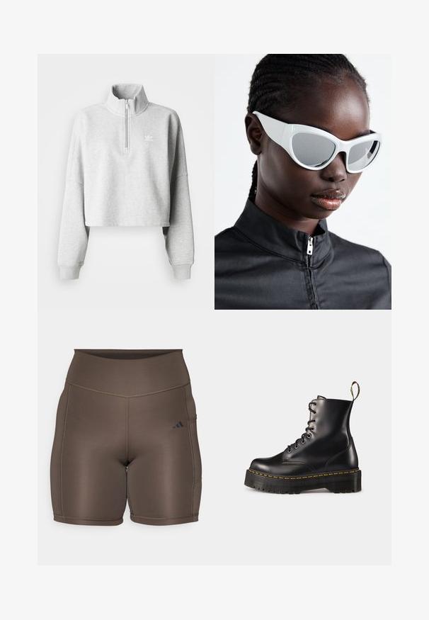 Lys grå cropped sweatshirt med høj krave og halvluk. Har løse ærmer og et lille hvidt logo på brystet. Materialet er en bomuldsblanding.; Brune atletik shorts med en glat tekstur, høj talje og kontrasterende mørke sømme. Har et lille sort logo på venstre side.; Sorte læder snørebånd ankelstøvler med en kraftig sort sål og gul syning. Har en trækflap bagpå og runde metaløjer.; Hvide solbriller med et dristigt, overdimensioneret design og spejlende linser, der har glatte plastisk rammer og fremhævede kurver.