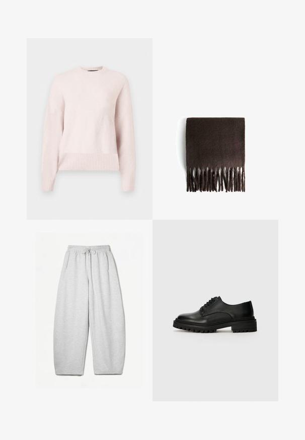 Helles rosa Sweatshirt mit rundem Halsausschnitt und gerippten Bündchen. Der Stoff erscheint weich und gemütlich, geeignet für Freizeitkleidung.; Hellgraue Sweatpants mit entspannter Passform, elastischem Bund, Kordelzug und seitlichen Taschen; aus weichem, strukturiertem Stoff gefertigt.; Schwarze Leder-Oxford-Schuhe mit runder Zehenform, Schnürdesign und strukturiertem Gummisohle mit Profil für besseren Halt.; Brauner Wollschal mit weicher Textur, rechteckiger Form und fransigen Kanten. Das Material wirkt warm und gemütlich, entworfen für Komfort.