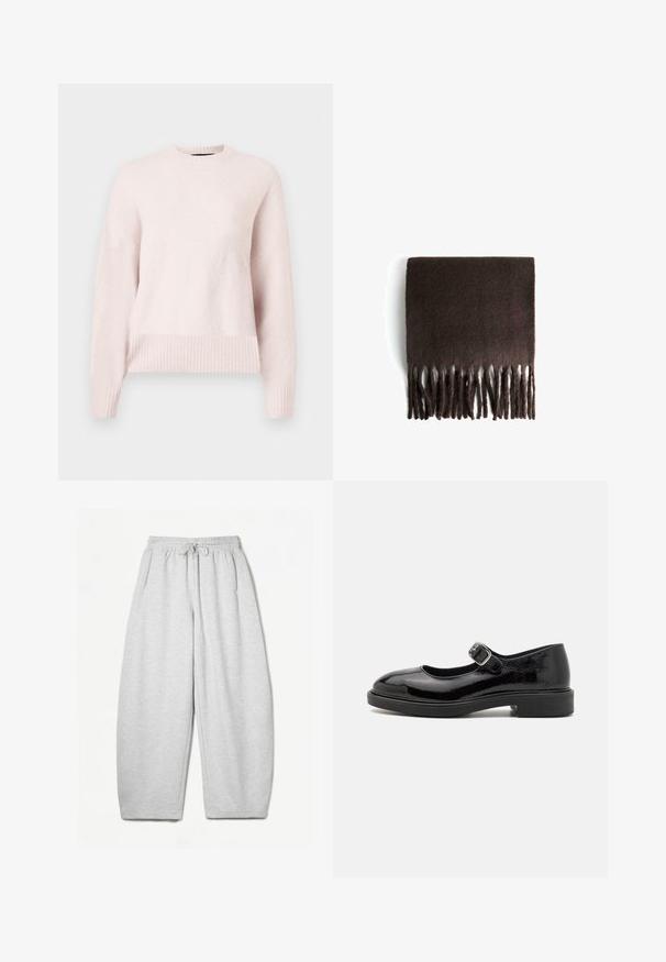 Jasnoróżowy sweter z okrągłym dekoltem i prążkowanymi mankietami. Materiał wydaje się miękki i przytulny, idealny na codzienne noszenie.; Jasnoszare dresy o luźnym kroju, z elastycznym pasem, sznurkiem i bocznymi kieszeniami; wykonane z miękkiego, teksturowanego materiału.; Czarne lakierowane buty typu Mary Jane z okrągłym noskiem, regulowanym paskiem z klamrą, niskim obcasem blokowym i gładkim, błyszczącym wykończeniem.; Brązowy wełniany szalik o miękkiej teksturze, prostokątnym kształcie i frędzlach na brzegach. Materiał wydaje się ciepły i przytulny, zaprojektowany z myślą o komforcie.