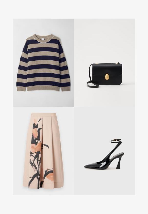 Stribet sweater i beige og marineblå, lavet af blødt materiale. Har en rund hals, sænkede skuldre og ribbet manchetter og kant.; Beige plissert nederdel lavet af bomuldsblanding, der har et abstrakt blomsterprint i bløde fersken- og sorte nuancer på den ene side.; Sorte patentlæder slingback højhælede sko med spids tå, justerbar ankelrem og moderat blokhæl. Glat tekstur med blank finish.; Sort læderhandbag med en struktureret rektangulær form. Har et gyldent ovalt lås og en tynd skulderrem. Glat tekstur.