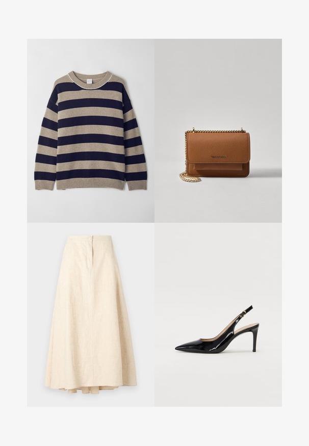 Svītrains džemperis bēšā un jūras zila krāsā, izgatavots no mīksta materiāla. Iespējas ar apaļu kakla izgriezumu, noslīdējušām plecu šuvēm un ribotas piedurknes un apakšmalu.; Bežs lina midi svārki ar izplestu formu, centrālo šuvi un dekoratīvu pogu jostas daļā. Gluda tekstūra un viegla auduma.; Melnas lakotās ādas slingback kurpes ar izteiktu degunu, šauru papēdi un smalku izgriezumu dizainu. Siksniņai ir zelta sprādze.; Brūna teksturēta ādas plecu soma ar zelta ķēdes siksnu un atloka aizdari. Priekšpusē ir logotipa detaļa un kabata zem atloka.