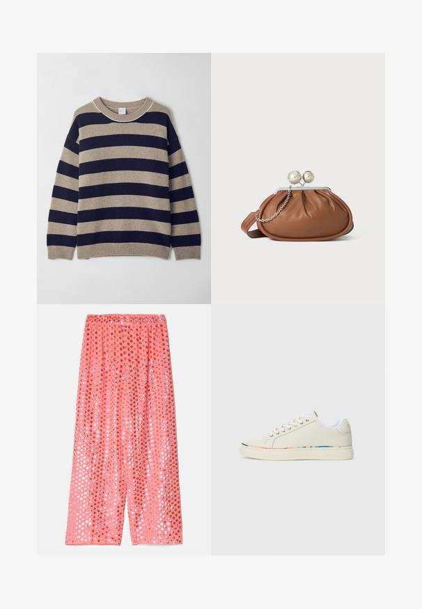 Striped sweater in beige and navy, made from soft material. Features a crew neck, dropped shoulders, and ribbed cuffs and hem.; Pink, wide-leg pants made of lightweight fabric, featuring shimmering sequins in pink and copper patterns, with an elastic waistband.; Off-white low-top sneaker with lace-up design, white interior lining, and subtle multicolor trim along the sole edge, side view.; Brown leather clutch purse with silver ball clasp and a small silver chain detail on a white background.