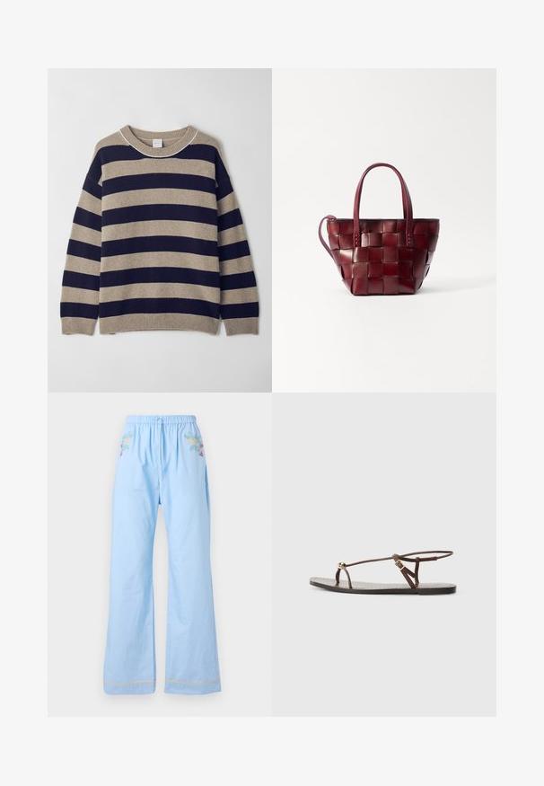 Striped sweater in beige and navy, made from soft material. Features a crew neck, dropped shoulders, and ribbed cuffs and hem.; Light blue cotton pants with an elastic waistband, featuring floral embroidery on the front and contrasting trim at the hems.; Brown leather sandal with thin straps, a gold circular accent, and a flat sole. Minimalist design with an adjustable buckle detail.; Woven burgundy leather tote bag with two short handles and a detachable shoulder strap. Features a structured shape and smooth texture.