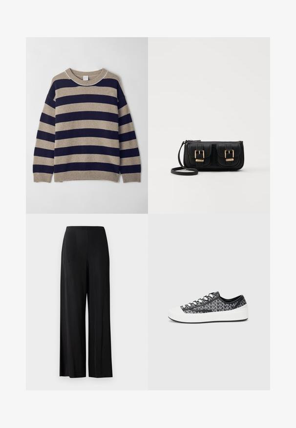 Csíkos bézs és tengerészkék pulóver, puha anyagból készült. Kerek nyakkivágással, ejtett vállakkal és bordázott mandzsettákkal és szegéllyel rendelkezik.; Fekete, bő szárú nadrág sima anyagból, magas derekkal, látható zsebek vagy fém részletek nélkül. Padlóhosszú kialakítás.; Fekete és szürke mintás tornacipők fehér gumitalppal és orrmerevítővel, fekete fűzőkkel és texturált felső résszel.; Fekete bőr keresztbody táska két elülső zsebbel, arany csattokkal, cipzáras záródással és vékony pánttal. Textúrált felület és kompakt téglalap alak.
