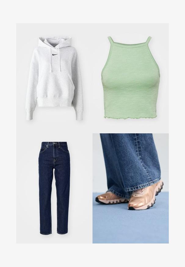 Corta-vento cinza em felpa com um bolso canguru à frente, capuz com cordão e um logótipo da Nike em preto no peito. Textura suave e ajuste descontraído.; Top cropped verde com nervuras e alças finas, apresentando uma bainha com recortes e um tecido texturizado. Sem acessórios ou padrões proeminentes.; Jeans de ganga azul escuro com uma cintura alta, design de perna reta, bolsos frontais e detalhes de costura discretos. Estilo clássico e versátil.; Sapatilhas com um material superior em rosa dourado metálico e design texturizado, com solas de borracha preta. Combinadas com jeans de ganga azul de pernas largas.