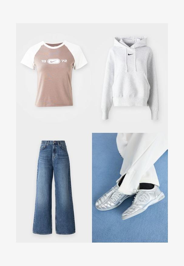 Siva flis majica s kapuljačom, prednjim džepom u obliku kengura, vezicom za kapuljaču i crnim Nike logom na prsima. Mekana tekstura i opušten kroj.; T-shirt kratkih rukava sa svijetlosmešanim tijelom i bijelim raglan rukavima, sa velikim bijelim grafičkim logotipom i godinom "1972" centriranim sprijeda.; Traperice s visokim strukom i širokim nogavicama od svijetloplavog denima, s klasičnim dizajnom s pet džepova i suptilnim izbljeđivanjem duž nogavica.; Srebrne atletske tenisice s glatkom, sjajnom površinom, koje imaju šivani dizajn i broj 90 sa strane, u kombinaciji s bijelim hlačama.
