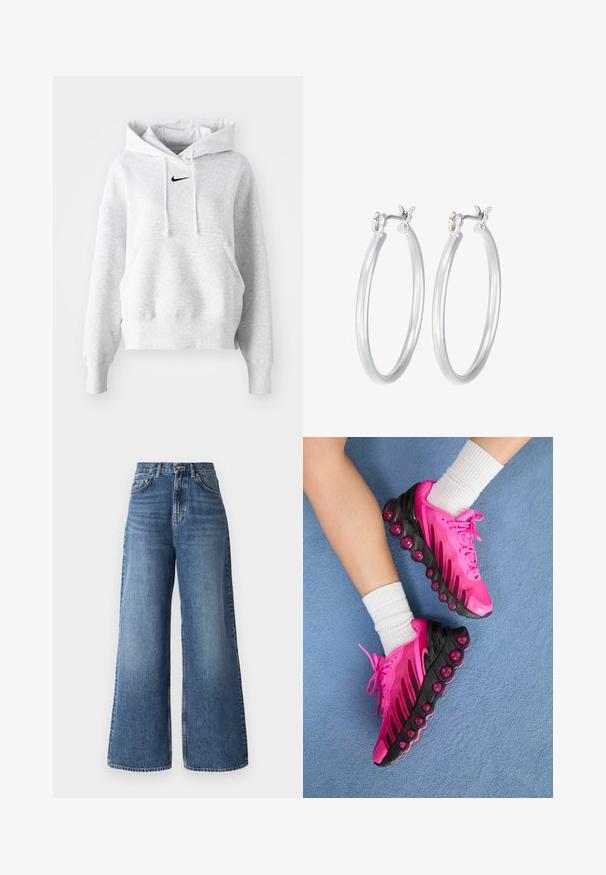 Sudadera de felpa gris con un bolsillo tipo canguro en el frente, capucha ajustable y un logo negro de Nike en el pecho. Textura suave y corte relajado.; Jeans de pierna ancha de talle alto, fabricados en denim de un azul claro, con un diseño clásico de cinco bolsillos y un sutil desvanecimiento a lo largo de las piernas.; Zapatillas deportivas rosas con detalles negros, suela burbuja translúcida, parte superior de malla y cordones. Llevadas con calcetines blancos hasta el tobillo sobre una superficie azul.; Pendientes de aro de plata con un acabado liso y pulido. Forma redonda y cierre de click seguro. Diseño ligero adecuado para el uso diario.