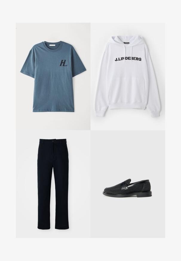 Valge kapuutsiga pusa, millel on eesmine tasku ja nööriga kapuuts, millel on rindkere kohal silmapaistev must tekst "J. LINDEBERG". Pehme kangatekstuur.; Lühikese varrukaga sinine puuvillane T-särk, millel rinnal on tume "HL" logo. Kangas on ühtlase tekstuuriga ja ümmargune kaelus.; Tumed sinelased püksid puuvillast, sirge lõikega, eesnupu sulgemisega ning klassikalise vöökohaga, kus on vööaasad.; Must musta kootud slip-on king, millel on pehme nahast accent ülaserval, ümmargune varvas ja madal profiiliga kummitald.