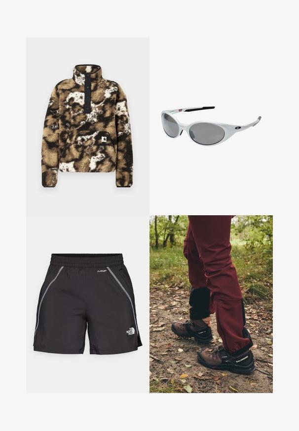Fleece pullover in brown, black, and cream with a quarter zip, four black button placket, front pocket, and logo patch on the lower left.; Black athletic shorts made from lightweight material feature an elastic waistband, reflective detailing, and the logo "The North Face" on the left side.; Brown hiking boots with black accents and rugged soles, paired with maroon waterproof pants featuring black side panels and zippers.; White plastic sunglasses with large oval lenses, gray tinted. Features black ear grips and a small logo on the frame. Smooth finish.; Salomon ACTIVE SKIN 12 SET UNISEX - Hydration rucksack - black