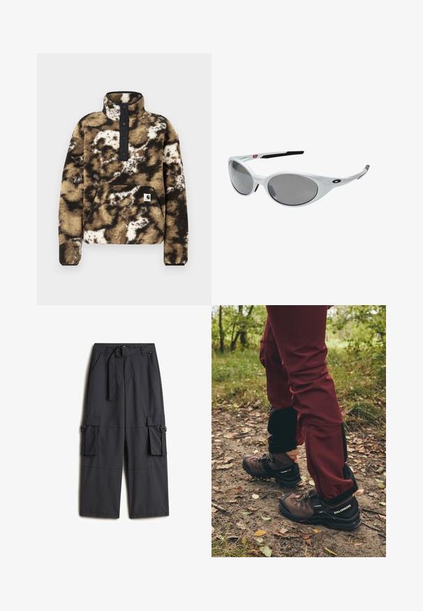 Fleece-pusero ruskeana, mustana ja kermaan värissä, neljän mustan napin placketilla, etutaskulla ja logo-tarralla alareunassa.; Tummanharmaat cargo-housut, jotka on valmistettu kevyestä kankaasta. Housuissa on vyö pyöreällä soljella, kaksi sivutaskua ja kaksi cargo-taskua.; Ruskeat vaelluskengät mustilla yksityiskohdilla ja karkeilla pohjilla, yhdistettynä viininpunaisiin vedenpitäviin housuihin, joissa on mustat sivupaneelit ja vetoketjut.; Valkoiset muoviset aurinkolasit suurilla soikeilla linsseillä, harmaasävyiset. Varusteena mustat korvavarret ja pieni logo kehyksessä. Sileä pinta.