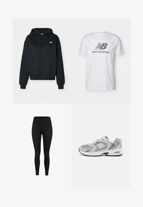 Mustat hupparit, jotka on valmistettu puuvillasekoitteesta, jossa on kenguruhyppäys, nauhakuulokkeilla ja brodeerattu logo vasemmassa rinnassa.; Valkoinen puuvillapaita, jossa on harmaa "NB" -logo ja "new balance" -teksti, lyhyet hihat, klassinen pyöreä kaula-aukko, sileä pinta.; Mustat leggingit, jotka on valmistettu joustavasta kankaasta. Korkea vyötärö, kapea malli ja sileä rakenne. Ei kuvioita tai näkyviä metalliosia.; Harmaat urheilukengät, joissa on verkkomateriaalia ja mokkanahkaa, valkoiset nauhat ja musta pohja. Ominaisuuksiin kuuluu suuri "N"-logo ja pehmustettu kaulus.