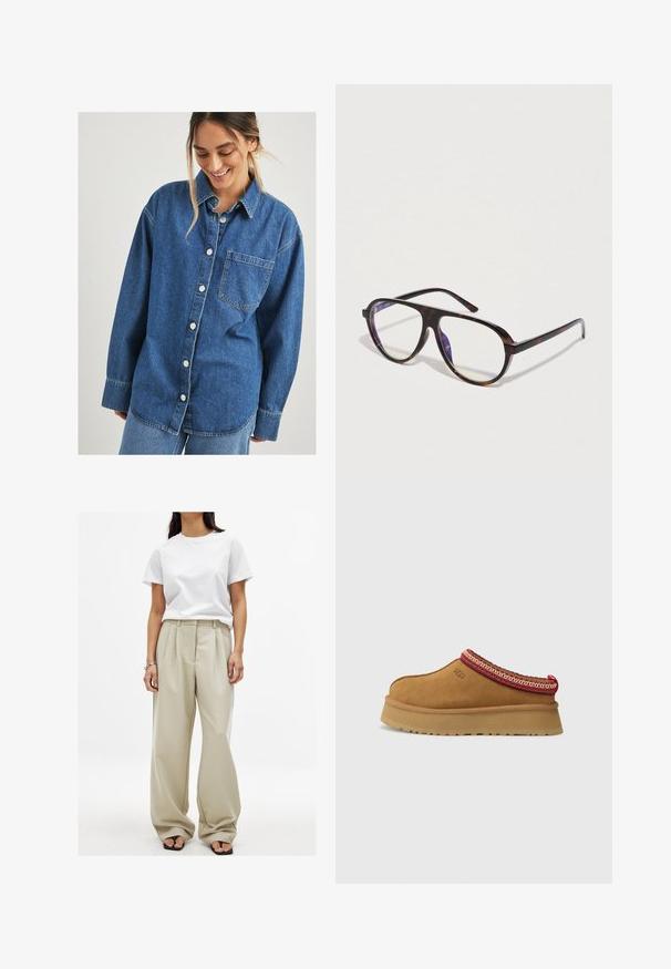 Svetlomodrý, nadýchaný pletený kardigán s okrúhlym výstrihom, s uzáverom na šesť gombíkov a dvoma prednými vreckami. Rumená manžety a lem.; Modrá riflová košeľa s prekrytým zapínaním, jednou náprsní kapsou a dlhými rukávmi. Má uvoľnený strih a mierne vyblednutie.; Bežové nohavice s širokými nohavicami a prednými skladmi s hladkým povrchom, skombinované s priliehavým bielym bavlneným tričkom. Čierne šľapky dopĺňajú vzhľad.; Hnedá semišová obuv na slip-on s červeným a krémovým vzorovaným lemovaním, textúrovanou podrážkou a logom UGG na boku. Obsahuje mierne zvýšenú platformu.; Tortoise-shell okuliare s prehnanými obdĺžnikovými rámami. Priehľadné šošovky a hladký, lesklý povrch kontrastujú s matnými koncami nohavičiek.; Tkaná svetlohnedá kabelka s trojuholníkovým tvarom a viazanými rúčkami. Textúrovaný povrch s viditeľným vzorom tkania. Vnútorný oddiel so zipsom.