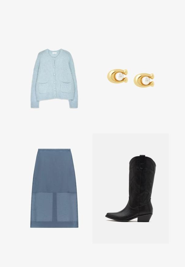 Vaaleansininen, pörröinen neulecardigan, jossa on pyöreä pääntie, kuusi napin suljinta ja kaksi etutaskua. Rypytetyt hihansuut ja helma.; Sininen, polviin ulottuva hame, joka on valmistettu sileästä ja kevyestä kankaasta, jossa on läpinäkyvä alaosa ja yksinkertainen, suora muotoilu. Ei näkyviä kiinnityksiä.; Musta nahkakengät cowboy-tyyliin, joissa on terävä kärki, matala pinottu korko ja monimutkainen kohokuvioitu lehtimäinen kuvio varressa. Ylhäällä on silmäkumi helppoa pukemista varten.; Kultaääniset korvakorut, joissa on pyöreä valkoinen helmi keskellä, muotoiltu sileäksi ja pyöreäksi, ja joissa on hienovaraisia yksityiskohtia.