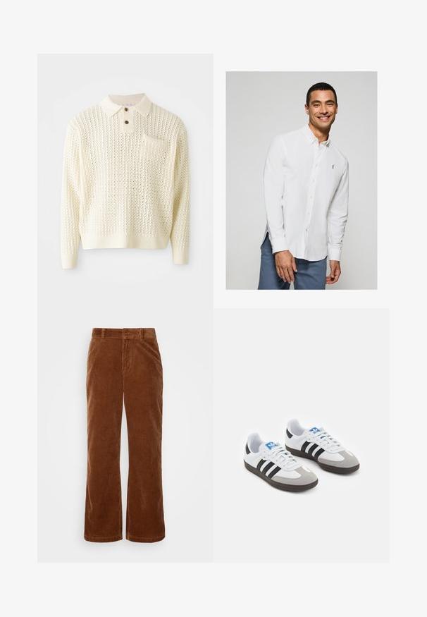 Light cream knitted pullover with a textured pattern, two-button placket, and a chest pocket. Features ribbed cuffs and hem.; White long-sleeve button-up shirt with a small logo on the chest, paired with light blue pants. Smooth fabric with a classic collar.; Brown corduroy trousers with a wide-leg design, featuring vertical ribbed texture, a button closure, and standard belt loops.; Sport shoes with a white leather upper, gray suede toe, and three black stripes. Features a blue logo on the tongue and a textured rubber sole.