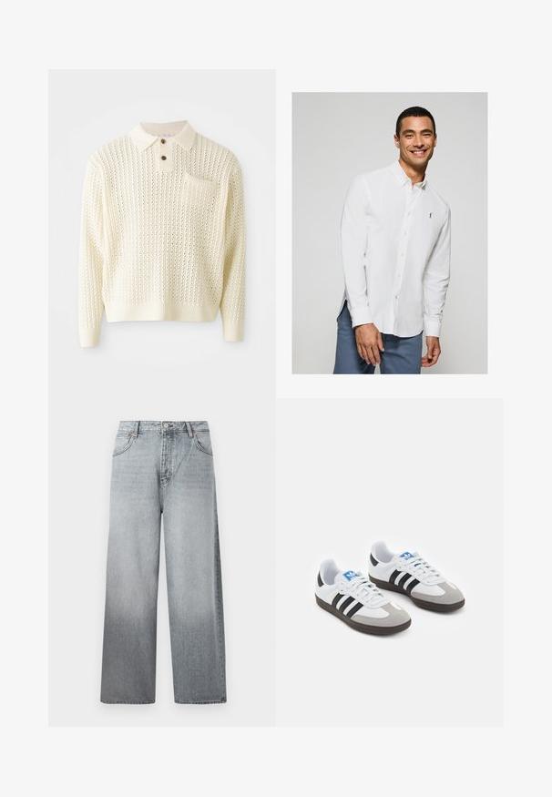 Lichte crème gebreide pullover met een textuurpatroon, een placket met twee knopen en een borstzak. Heeft geribbelde manchetten en een zoom.; Wit overhemd met lange mouwen en knopen, voorzien van een klein logo op de borst, gecombineerd met lichtblauwe broek. Gladde stof met een klassieke kraag.; Lichtgrijze wijde spijkerbroek met een vervaagd effect, voorzien van een knoop- en ritssluiting, vijf zakken en contrasterende stiksels.; Sportschoenen met een witte leren bovenkant, grijze suède neus en drie zwarte strepen. Bevat een blauw logo op de tong en een gestructureerde rubberen zool.