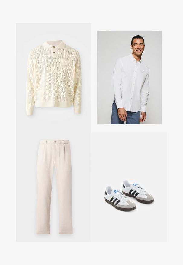 Light cream knitted pullover with a textured pattern, two-button placket, and a chest pocket. Features ribbed cuffs and hem.; White long-sleeve button-up shirt with a small logo on the chest, paired with light blue pants. Smooth fabric with a classic collar.; Beige trousers with an elastic waistband and button at the front, featuring a straight-leg design and a smooth, textured fabric.; Sport shoes with a white leather upper, gray suede toe, and three black stripes. Features a blue logo on the tongue and a textured rubber sole.