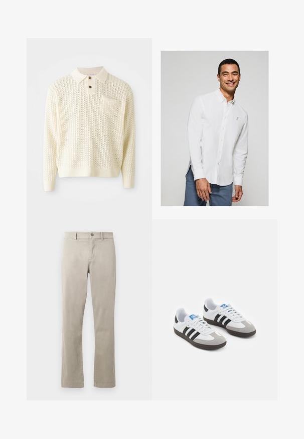Lichte crème gebreide pullover met een textuurpatroon, een placket met twee knopen en een borstzak. Heeft geribbelde manchetten en een zoom.; Wit overhemd met lange mouwen en knopen, voorzien van een klein logo op de borst, gecombineerd met lichtblauwe broek. Gladde stof met een klassieke kraag.; Beige katoenen chinos met een recht model, voorzien van een knoopsluiting en voorzakken. Gladde textuur met subtiele stikdetails.; Sportschoenen met een witte leren bovenkant, grijze suède neus en drie zwarte strepen. Bevat een blauw logo op de tong en een gestructureerde rubberen zool.