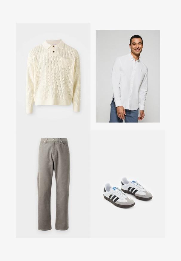 Hellcreme gestrickter Pullover mit strukturiertem Muster, zwei Knöpfen und einer Brusttasche. Verfügt über gerippte Bündchen und Saum.; Weißes Langarm-Hemd mit Knopfleiste und kleinem Logo auf der Brust, kombiniert mit hellblauen Hosen. Glattes Material mit klassischem Kragen.; Grau karierte Hose mit geradem Schnitt, einem hohen Bund, frontalen Taschen und subtiler vertikaler Rippstruktur.; Sportschuhe mit einem Obermaterial aus weißem Leder, grauer Wildleder-Zehenkappe und drei schwarzen Streifen. Sie verfügen über ein blaues Logo auf der Zunge und eine strukturierte Gummisohle.