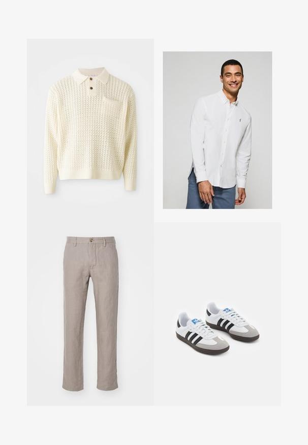 Ljust krämfärgad stickad pullover med ett texturerat mönster, två knappar i halset och en bröstficka. Har ribbade ärmslut och nederkant.; Vit långärmad skjorta med knappar och en liten logotyp på bröstet, tillsammans med ljusblå byxor. Slät väv med klassisk krage.; NN.07 THEO - Tygbyxor - camel; Sportskor med överdel i vit läder, grå mocka på tårna och tre svarta ränder. Har en blå logotyp på tungan och en texturerad gummisula.