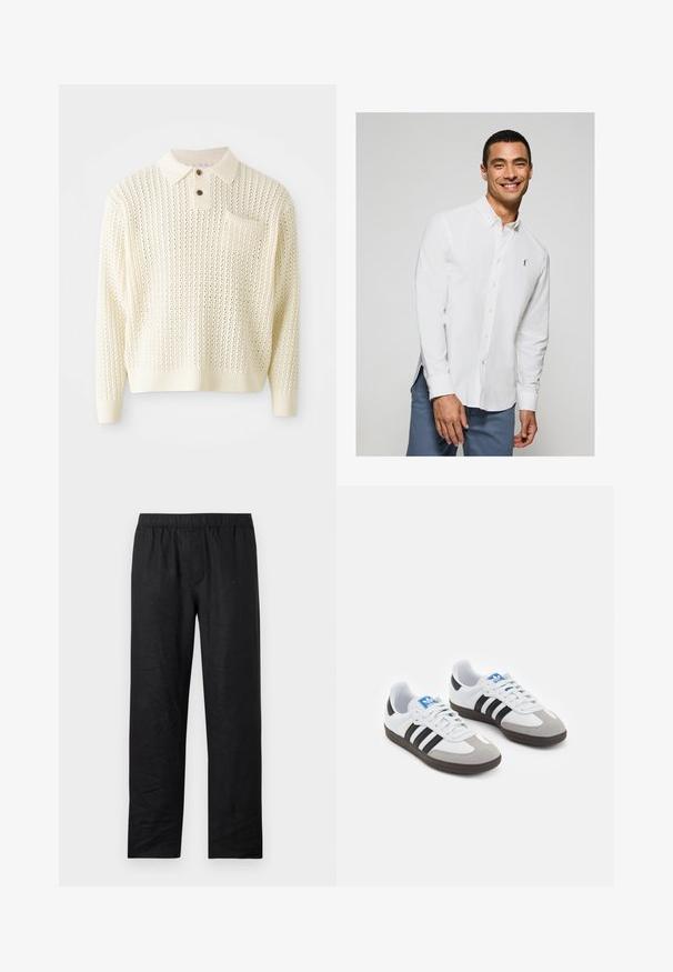 Jasna kremowa dzianinowa bluza z teksturowanym wzorem, z podwójnym zapięciem na guziki oraz kieszenią na piersi. Posiada ściągacze na mankietach i u dołu.; Biała koszula z długim rękawem z guzikami, z małym logo na klatce piersiowej, w połączeniu z jasnoniebieskimi spodniami. Gładka tkanina z klasycznym kołnierzykiem.; Czarne lniane spodnie o luźnym kroju, z elastycznym pasem i prostymi nogawkami. Gładka tekstura, bez widocznych wzorów czy akcentów.; Buty sportowe z białą skórzaną cholewką, szarym zamszowym noskiem i trzema czarnymi paskami. Posiadają niebieskie logo na języku oraz teksturowaną gumową podeszwę.