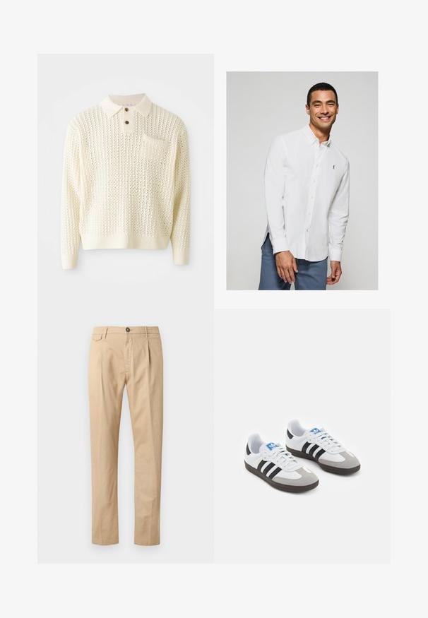 Lyscreme strikket pullover med et tekstureret mønster, to-knap strop og en brystlomme. Har ribbede manchetter og kant.; Hvid langærmet skjorte med knapper og et lille logo på brystet, samt lyseblå bukser. Glat stof med klassisk krave.; Herre lige ben beige bomuldsbukser med frontlommer, bæltestropper, knaplukning og lynlås foran på en hvid baggrund.; Sportsko med en overdel i hvid læder, grå ruskind på tåen og tre sorte striber. Har et blåt logo på tungen og en struktureret gummisål.